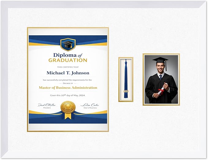 Diploma Tassel and Photo Frame Bright White Shadowbox Oyster Shell Over Gold Mat - Fits 11 x 14 Degree Picture Made in the USA