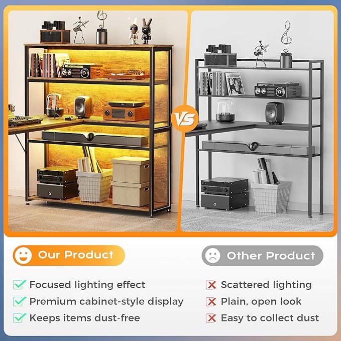PRAISUN 57 Inch L Shaped Gaming Computer Desk with Larger Open Cabinet, Reverisble Office Desk with Power Outlets, LED Lights, Work Desk, Fabric Drawer, Adjustable Wood and Mesh Shelf, Rustic Brown