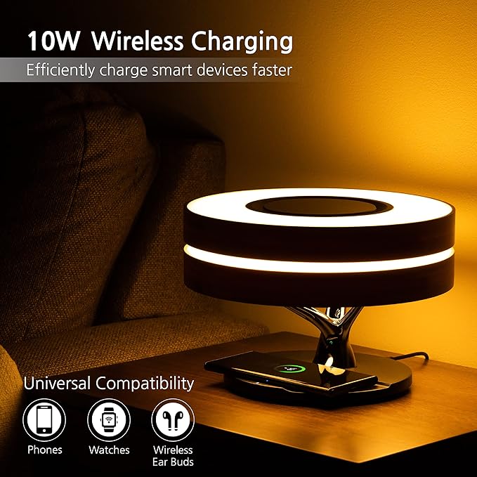 Dawn Lamp Modern Desk Lamp Multifunctional with Adjustable Light Settings, TWS Bluetooth Speaker, Wireless Charger, Touch Controls, for Home Office, Dorm Decor, Bedroom