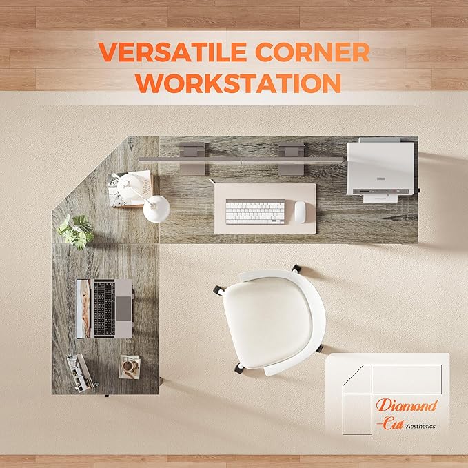 Mericonia 50 inch Large L Shaped Desk, Simple Corner Gaming Desk with CPU Stand & Hooks, Computer Desk for Home, Bedroom & Office Workspace, Grey