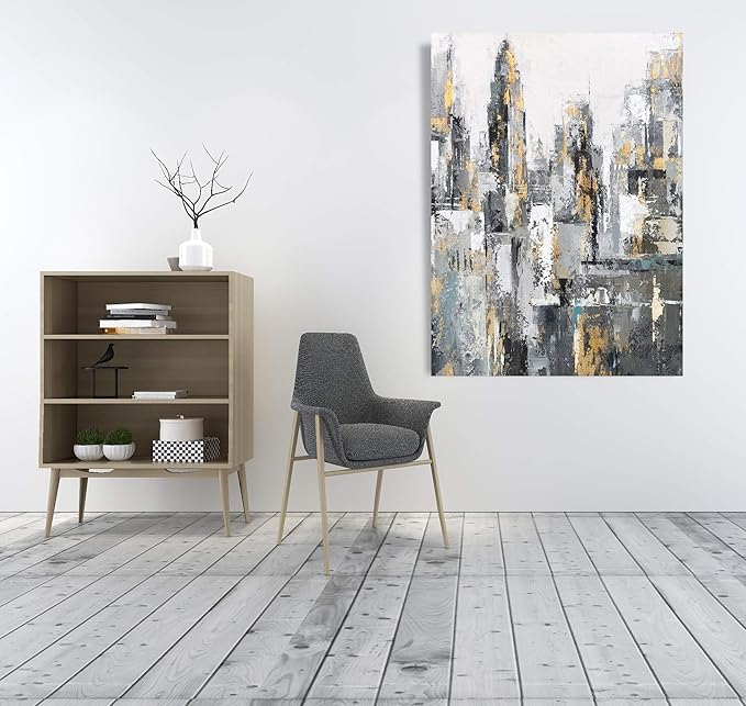 Yihui Arts Modern Abstract Chicago City Canvas Wall Art Painting with Gold Foil Hand Painted Skyline Pictures for Bedroom Decoration