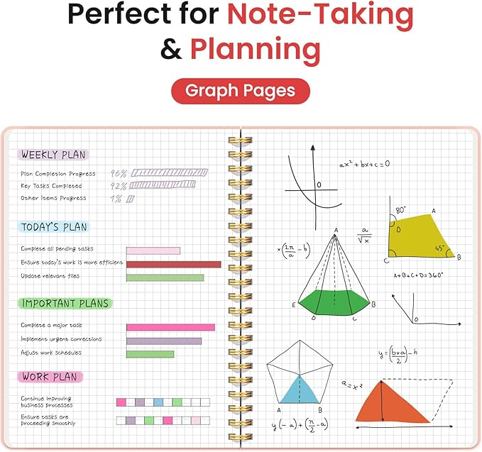 Taja Graph Spiral Journal Notebook for Women & Men, 140 Pages, Graph Paper Hardcover Notebook for Planning & Tracking, Journals for Graphing, A5(5.7" x 7.9") – Pink