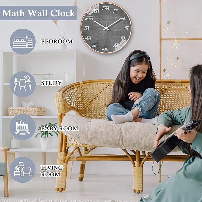 12 Inch Math Wall Clock Silent Non Ticking Movement Quality Quartz Wall Clock for Home/Kitchen/Office/Classroom/School/Living Room Wall Decorations (Gray)