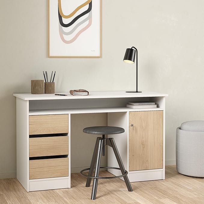 Tvilum Function Plus Computer Desk with Storage Cabinet, 3 Handle-Free Drawers, Two-Tone White and Oak Color Finish