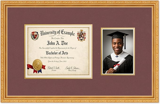 CountryArtHouse Fits 10 x 8 Professional License and 5 x 7 Photo Diploma and Photo Frame Museum Gold Genuine Hardwood with Dark Red Over Metallic Gold Double mat
