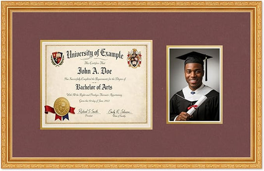 CountryArtHouse Fits 10 x 8 Professional License and 5 x 7 Photo Diploma and Photo Frame Museum Gold Genuine Hardwood with Dark Red Over Metallic Gold Double mat