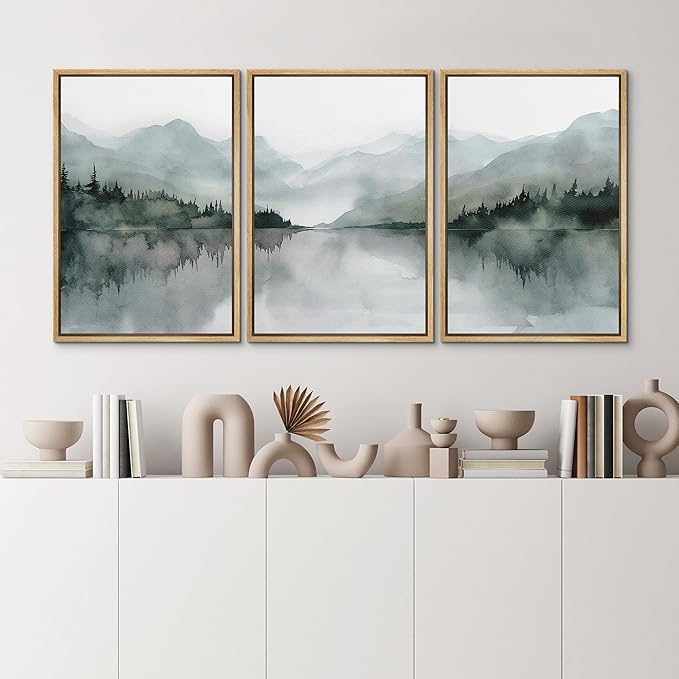 MUDECOR Framed Wall Art Print Set Misty Mountain Lake Watercolor Serene Illustrations Modern Art Boho Decorative Colorful Chic for Living Room, Bedroom, Office - 24"x36"x3 Natural