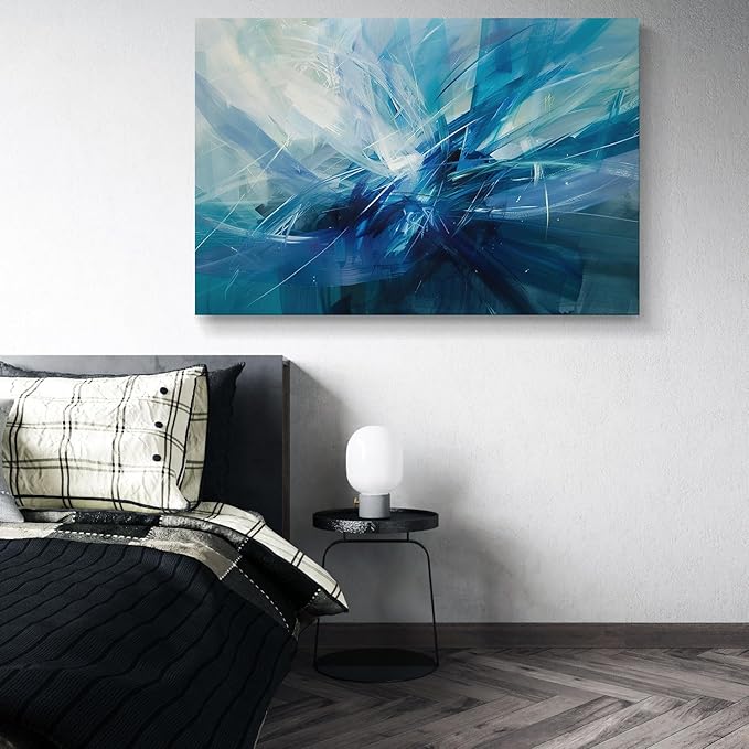 gaosoul Modern Abstract Canvas Wall Art Blue Harness Graffiti Painting on White Background Stylish Framed Minimalism Artwork Prints for Living Room Bedroom Office Decor 48x32in