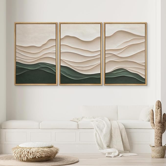 SIGNWIN Framed Canvas Print Wall Art Set Textured Paper Cut Landscape Beige and Green Minimalist Illustrations Modern Art Rustic Scenic Relax/Calm for Living Room, Bedroom, Office - 16"x24"x3 Natural