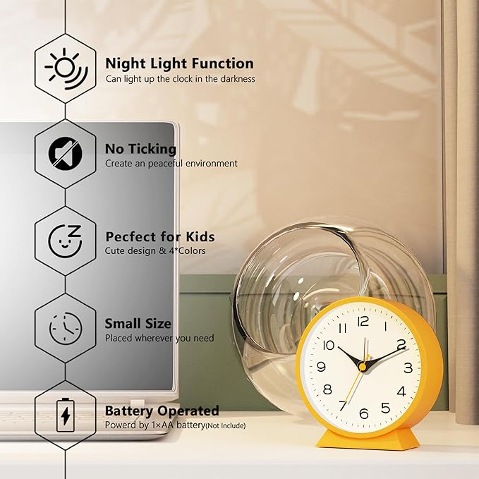 AYRELY® 4.5" Analog Alarm Clock,Small Retro Desk Clock Battery Operated,Slient Metal Table Clock with Light for Living Room Decor,Bedroom,Bedside,Shelf (Orange-Yellow)