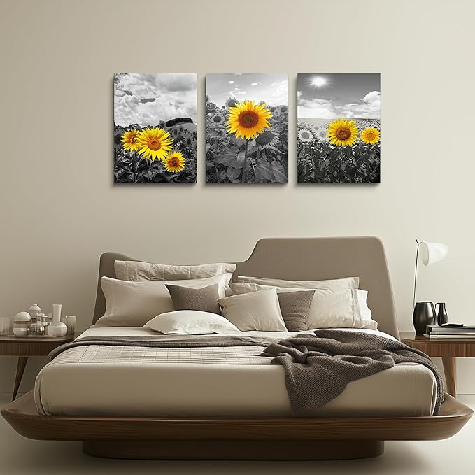 Large size Canvas Wall Art for Living Room family Bedroom wall painting Decoration,Bathroom Wall Decor kitchen Home Decoration Black and white sunflower flowerswall pictures artwork,16x24 3 piece