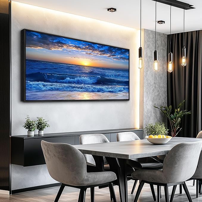 Sea Beach Framed Canvas Wall Art For Living Room Large Size Wall Decor For Bedroom Office Decor Blue Ocean Wall Pictures Artwork Sunny Sea View Wave Painting Home Decorations Black Framed 24" X 48"
