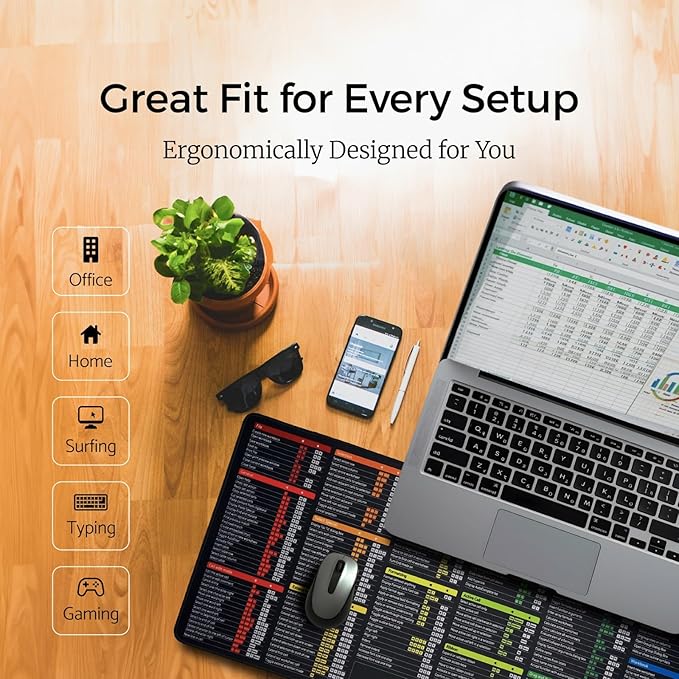 Excel Cheat Sheet Desk Pad Set 3in1, Desk Pad Includes a Cable Organizer and a Headphone Stand, Desk Mat is Dark Colored, it is Non-Slip Mousepad, +200 Commands for Mac and Windows