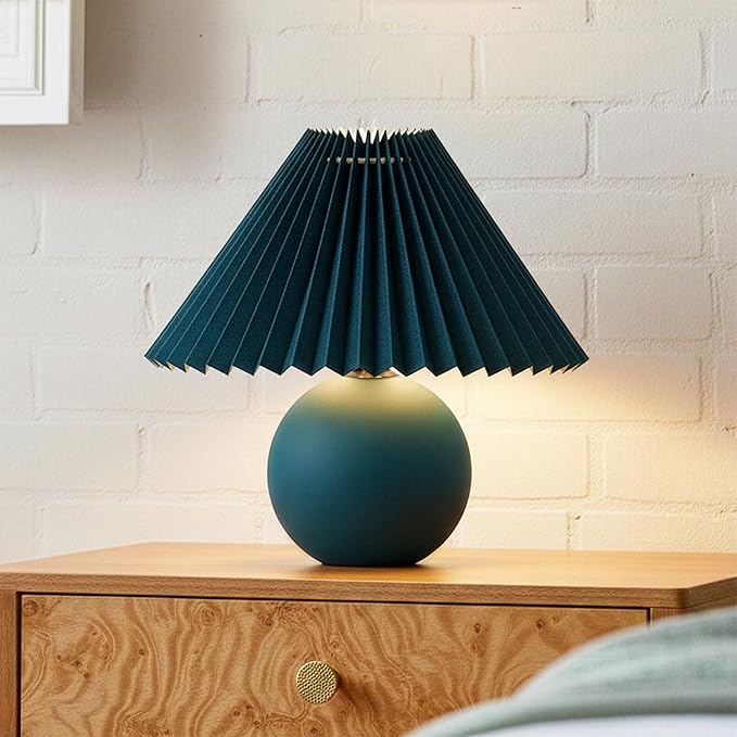 Brightech Serena LED Table Lamp - Small 10" Modern Ceramic Lamp with Pleated Shade for Bedside, Nightstand, Desk - Mini Night Light with Cozy Soft White Light for Living Room, Bedroom - Teal