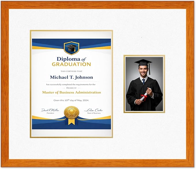 Diploma Frame With Photo Opening Honey Oak Oyster Shell Over Gold Mat - Fits 10 x 13 Degree and Picture Made in the USA