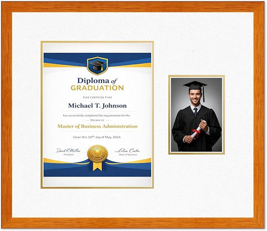 Diploma Frame With Photo Opening Honey Oak Oyster Shell Over Gold Mat - Fits 10 x 13 Degree and Picture Made in the USA