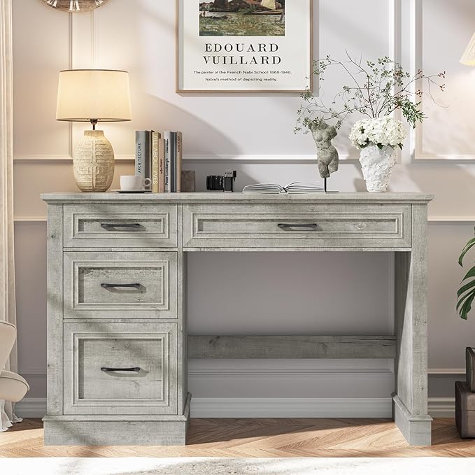 Farmhouse 47" Executive Desk with 3 Drawers and Adjustable File Drawer, Workspace for Home Office and Study, Grey.