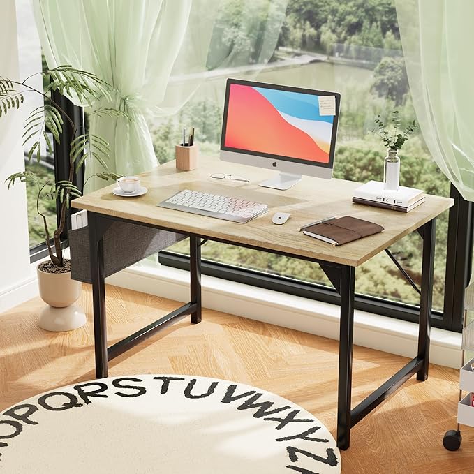 Furmax Computer Desk 40 Inch Small Office Desk with Storage Bag & Headphone Hook, Workstation for Home Office, Modern Writing Study Table (Oak)
