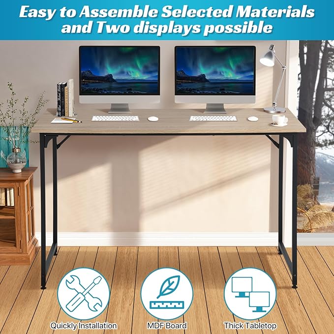 Computer Desk, 48 Inch Office Desk with Metal Frame, Home Office Desk, Modern Simple Style for Home Office, Living Room, Bedroom, Nature