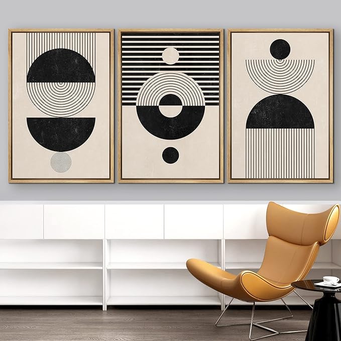 IDEA4WALL Framed Canvas Print Wall Art Set Geometric Black Tan Stripe Circle Stripe Collage Abstract Shapes Illustrations Modern Art Nordic for Living Room, Bedroom, Office - 24"x36"x3 Natural