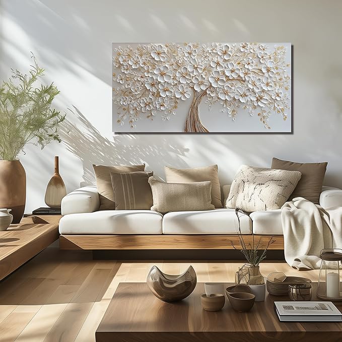 White Flower Prints Wall Art for Bedroom Women Tree Pictures Wall Decor for Dining Room Modern Wall Decor for Dormitorios Size 24 x 48 Inch