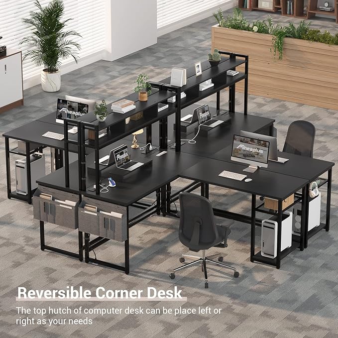 Aheaplus L Shaped Desk with Power Outlet & LED Strip, Reversible L-Shaped Corner Computer Desks Gaming Desk with Storage Shelf & Monitor Stand, Modern 2 Person Home Office Desk, Writing Desk, Black