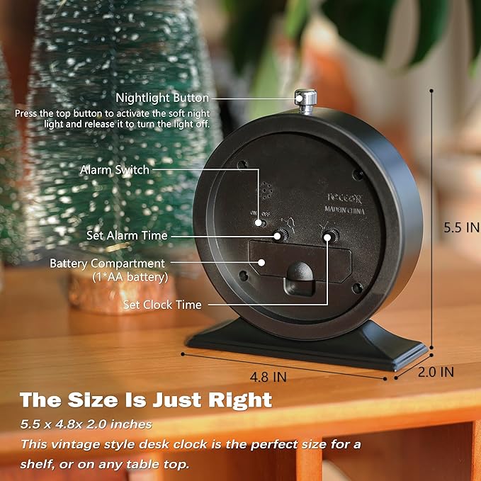AYRELY® 4-inch Battery Operated Alarm Clock Silent Analog Desk Clocks with Light Vintage Metal Table Clock for Living Room Shelf Bedside Home Decor (Black-Roman)