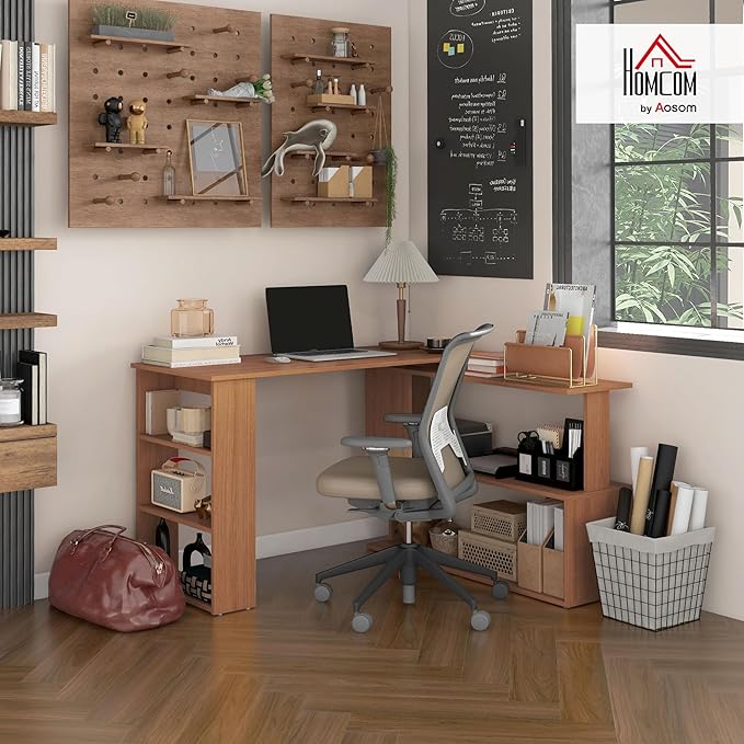 HOMCOM L Shaped Desk, Corner Computer Desk, 360 Degree Rotating Home Office Desk with Storage Shelves, Writing Table Workstation, Teak