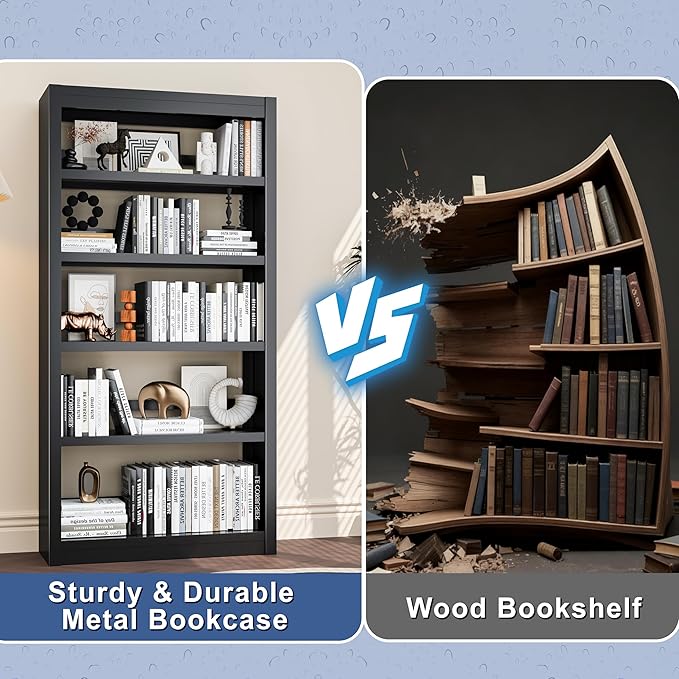 Black Bookshelf，6-Tier Bookcase with Adjustable Storage Shelves，Metal Bookshelf with Book Stopper for Living Room, Home Office, Library