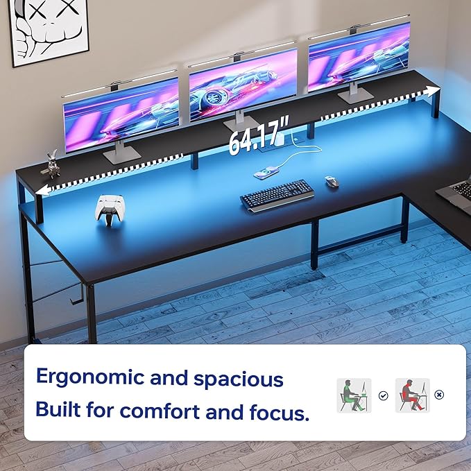 Pamray 64 Inch L Shaped Gaming Desk with Power Outlets and Led Lights, Large Corner Computer Desk with Monitor Stand and Pegboard, PC Table for Home Office and Bedroom Vintage