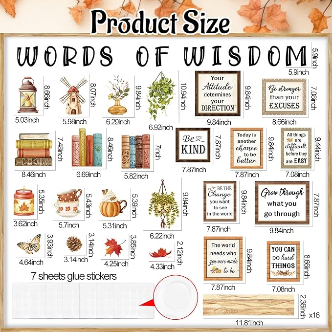 Qilery Bookshelf Bulletin Board Set, Motivational Words of Wisdom Cutouts for Classroom Decor, Rustic Boho Library Reading Nook Wall Posters, Inspirational Teacher Supplies for Back to School