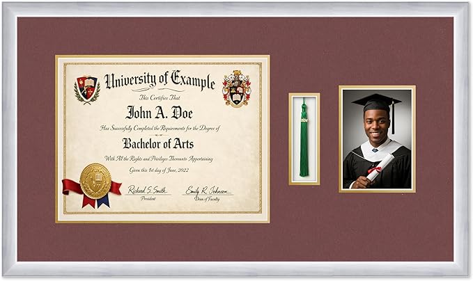 CountryArtHouse Diploma Tassel and Photo Shadowbox Fits 14 x 11 College Diploma (Modern) with Tasse Stainless Silver Genuine Hardwood with Dark Red Over Metallic Gold Double mat