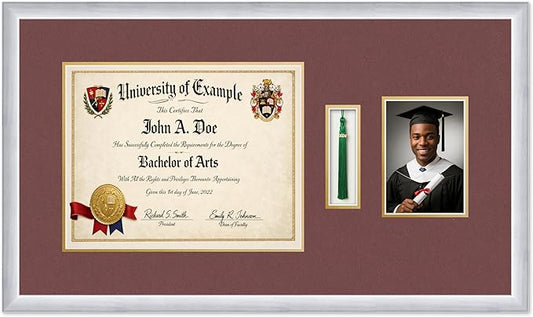 CountryArtHouse Diploma Tassel and Photo Shadowbox Fits 14 x 11 College Diploma (Modern) with Tasse Stainless Silver Genuine Hardwood with Dark Red Over Metallic Gold Double mat