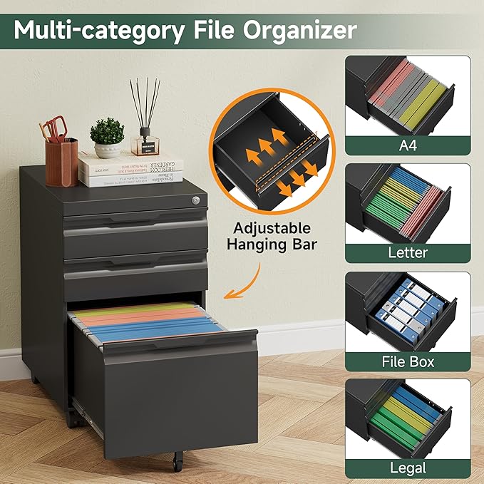 3 Drawer Metal Rolling File Cabinet with Lock, Under Desk Mobile Filing Cabinet for Home Office, Steel Storage Cabinet with Wheels for A4/Letter/Legal Documents, Easy Assembly, Black