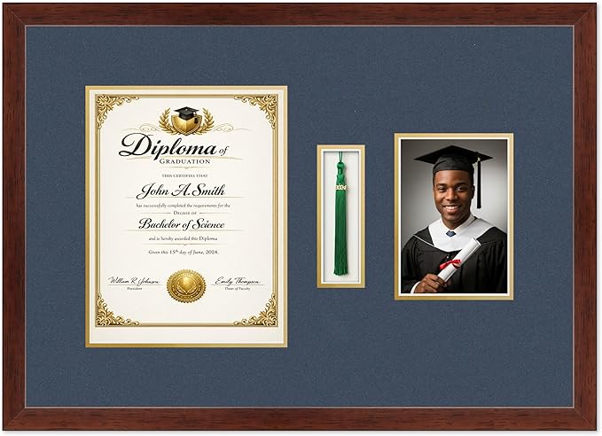 CountryArtHouse Diploma Tassel and Photo Shadowbox Fits 8.5 x 11 Certificate (Portrait) with Tassel Hoo Rustic Walnut Genuine Hardwood with Navy Blue Over Metallic Gold Double mat
