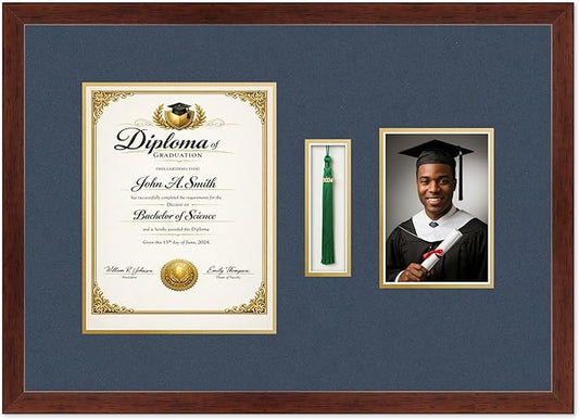 CountryArtHouse Diploma Tassel and Photo Shadowbox Fits 8.5 x 11 Certificate (Portrait) with Tassel Hoo Rustic Walnut Genuine Hardwood with Navy Blue Over Metallic Gold Double mat
