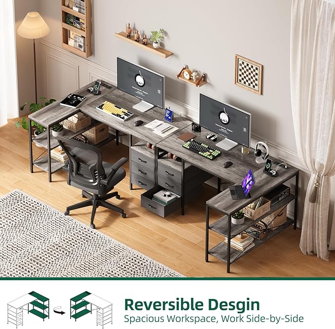 MUTUN L Shaped Computer Desk with 3 Drawers & Power Outlets, 47 Inch Corner Desk with Reversible Storage Shelves, PC Table for Home Office Bedroom (Grey, 47 Inch)