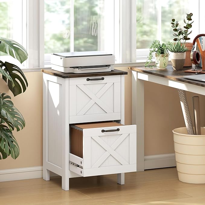 HOMCOM 2 Drawer Vertical File Cabinet with Silent Slides, Rustic Farmhouse Filing Cabinet with Barn Doors for A4/Letter Size, Printer Stand with Storage for Home Office, Distressed White