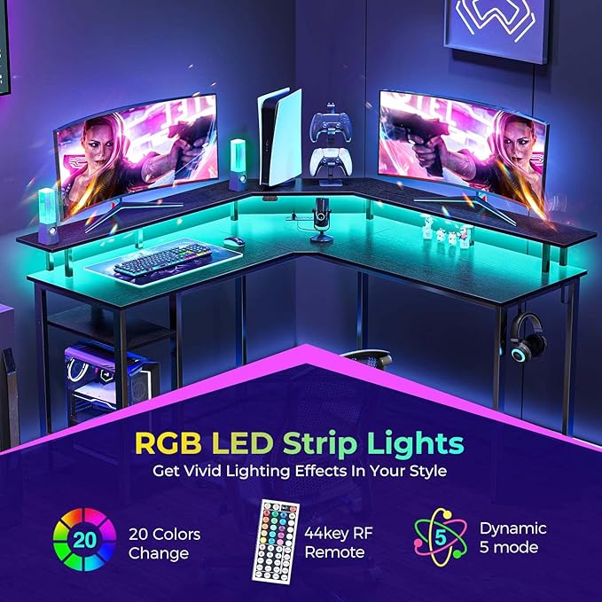 Rolanstar L Shaped Gaming Desk with LED Lights & Power Outlets, 53" Computer Desk with Full Monitor Stand & Storage Shelf, Corner Desk with Hooks, Black Desk Reversible