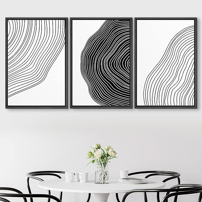 SIGNFORD Framed Canvas Print Wall Art Set Black White Spiral Ring Polygons Abstract Shapes Illustrations Modern Art Bohemian Nordic Relax/Calm for Living Room, Bedroom, Office - 16"x24"x3 Black