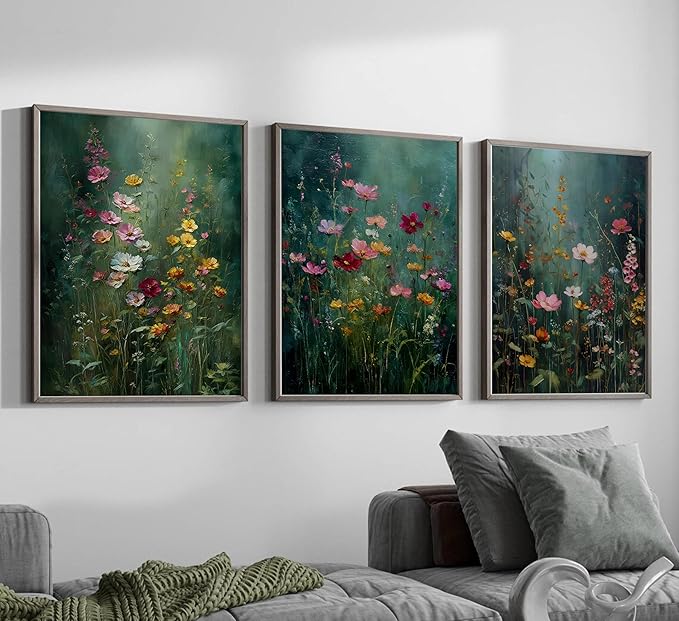 3Pcs Dark Green Floral Canvas Wall Art Moody Wildflowers Poster Prints Vintage Nature Rustic Botanical Flowers Pictures for Bedroom Living Room Office Bathroom Wall Decor 12x16in Unframed