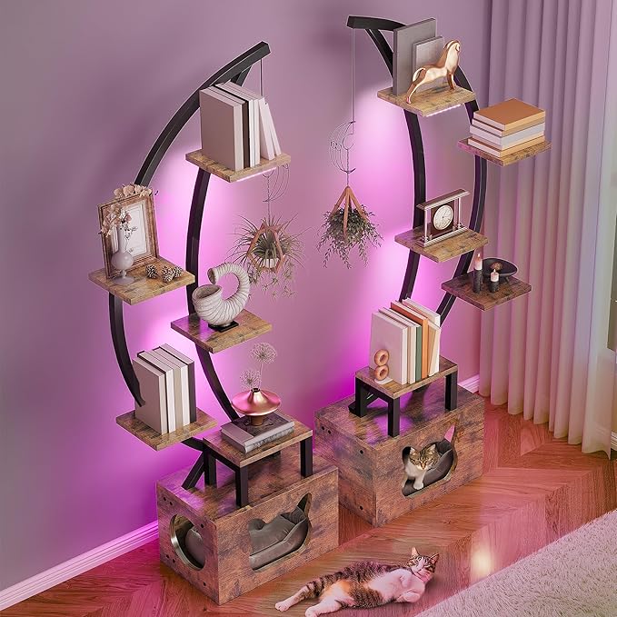 DWVO Tall Bookshelf with LED Light, Artistically Designed Moon Arched Bookcase with Cats Litter Box,10-Tier Bookcase Corner Display Shelf for Home Office, Bedroom
