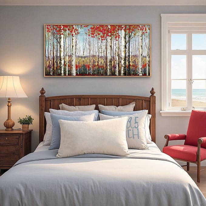Large Canvas Wall Art - Framed Aspen Tree Oil Painting Style, Birch Tree Pictures for Living Room Wall Decor & Bedroom, 24x48 Modern Nature Artwork for Walls