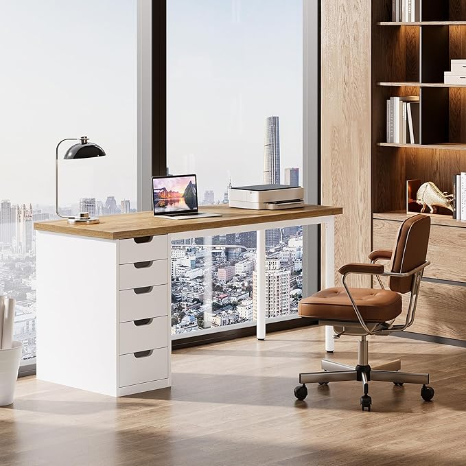 Tribesigns Modern Simple Computer Desk, 47 Inches PC Desk with 5 Reversible Drawers, Rustic Brown Study Writing Table Workstation for Home Office Small Spaces (Walnut+White)