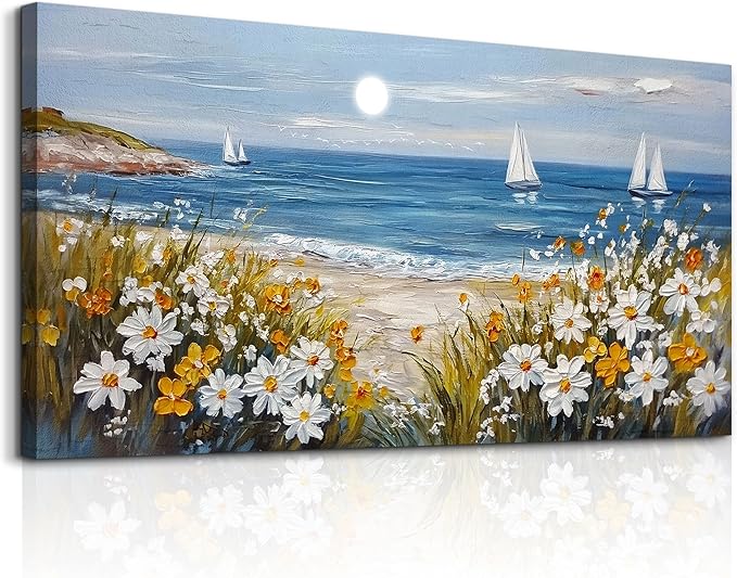 KELIYUAN Vintage Landscape Painting Home Decor Canvas Blue Ocean Beach Picture Print Wall Art For Living Room Farmhouse Dinin Mural White Flowers Bedroom Office Wall Decor Easy To Hang 20x40 Inches