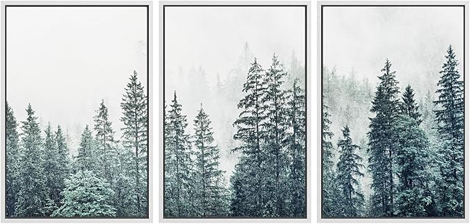 SIGNWIN Framed Canvas Print Wall Art Woodland Nursery Decor Set Film Grain Misty Mountain Pine Trees Nature Wilderness Modern Art Chic Landscape for Living Room, Bedroom, Office - 24"x36"x3 White