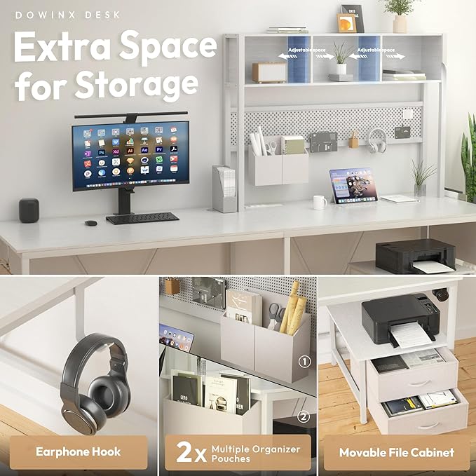 Dowinx 67” L-Shaped Gaming Desk with Pegboard & Drawers, Reversible Computer Desk with RGB Lights & Power Outlets, Corner Workstation with Storage & Hutch for Home Office & Gaming White