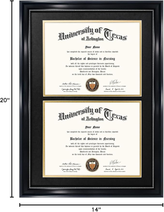 GraduationMall 14x20 Double Diploma Frame, Display 8.5x11 Certificate with Black over Gold Mat,Tempered Glass,Black with Silver Beads
