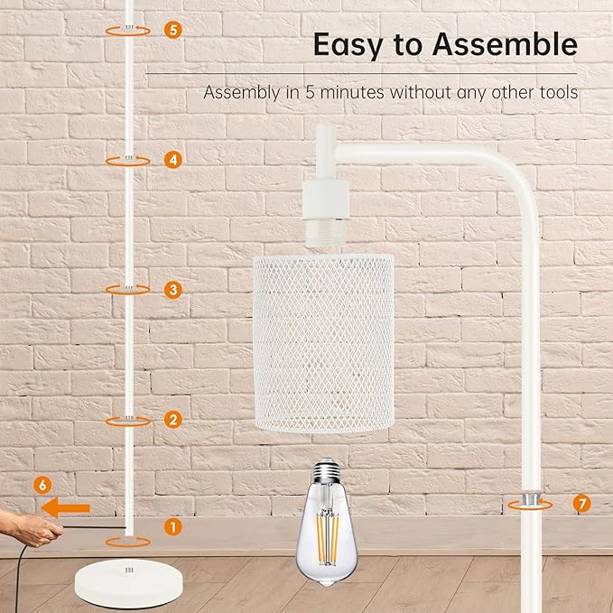 BoostArea White Industrial Floor Lamp, 67 Inch Modern Standing Lamp with Iron Mesh Lampshade, 6W LED Stand Up Lamp for Living Room, Bedroom, Office, Den