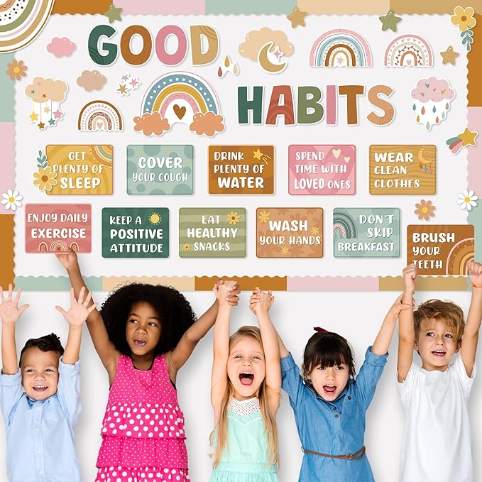 Ctosree 60 Pcs Boho Healthy Bulletin Board Decorations Set Healthy Habits Poster Rainbow Flower Good Habits Cutouts for Teacher Classroom School Office Chalkboard Wall Supply